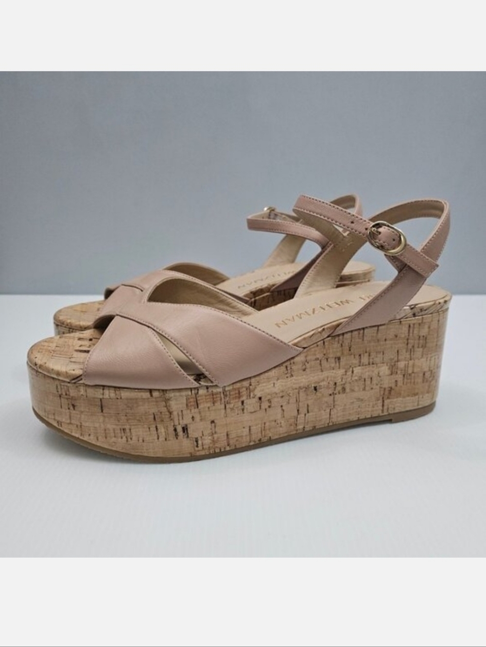 Stuart Weitzman Carmen Midi Wedge Sandal Womens 9.5 Beige Tan Platform Cork